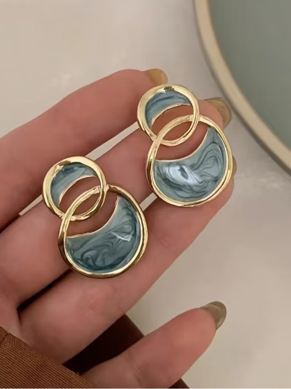 Gold-Tone Hoop Drop Earrings with Marble Gray Inlay - Women Jewelry